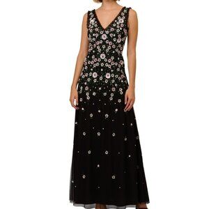 Adrianna Papell Petite Floral Beaded Mesh Long Ball Gown – Black Multi (NWT, Siz